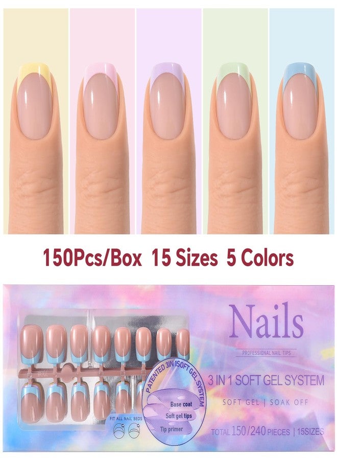 Rolabling 150Pcs Gel Press On Nails 8 Trendy Designs in 5 Colors 15 Sizes False Nails Kit Salon Quality Acrylic Nail Tips French & Solid Color Fake Nails Extensions (01, 5 Colors) - Image 2